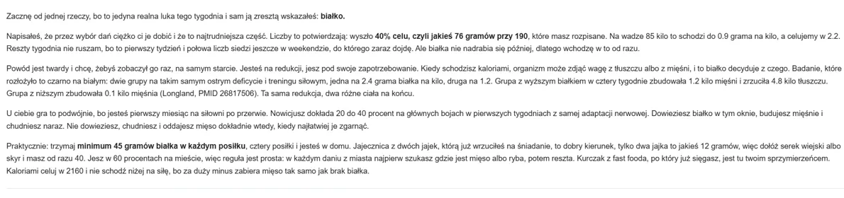 Fragment pisemnej odpowiedzi Michała na raport tygodniowy