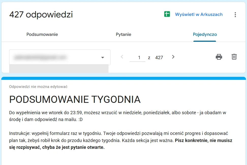 Formularz Podsumowanie Tygodnia, widok właściciela: 427 odpowiedzi