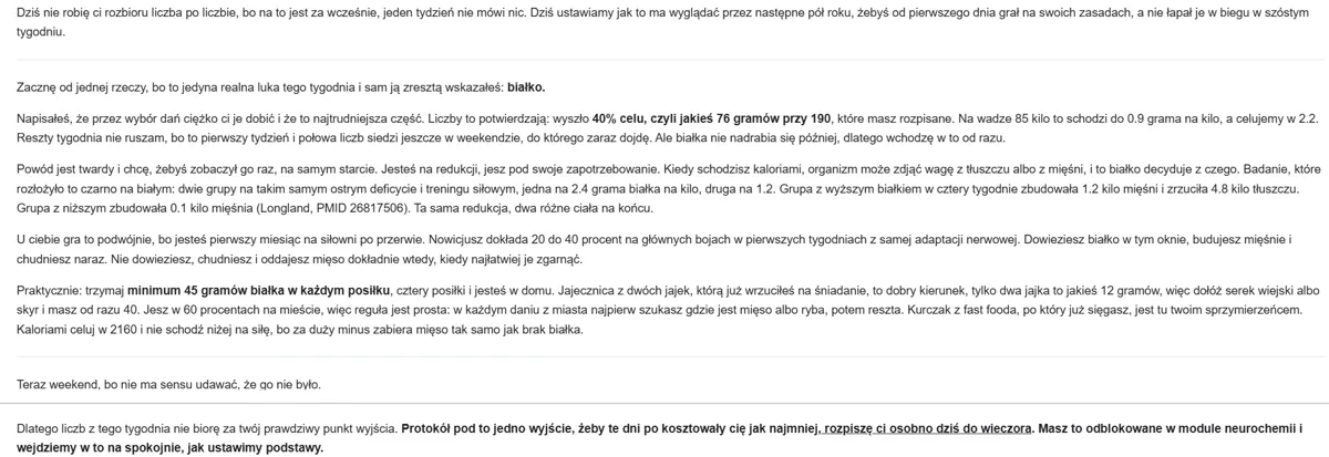 Fragment odpowiedzi Michała na raport tygodnia, dane podopiecznego usunięte